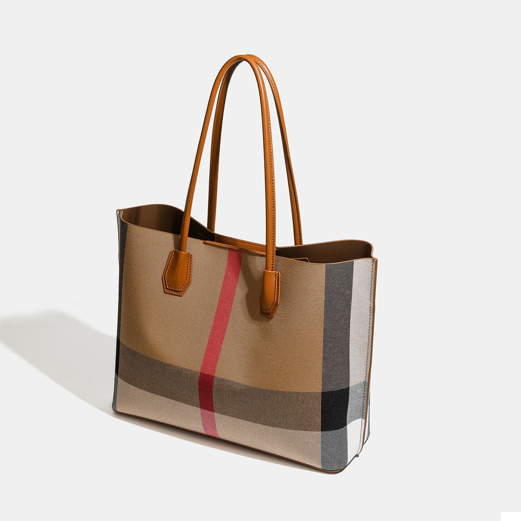Plaid Canvas Tote Bag with Leather Trim