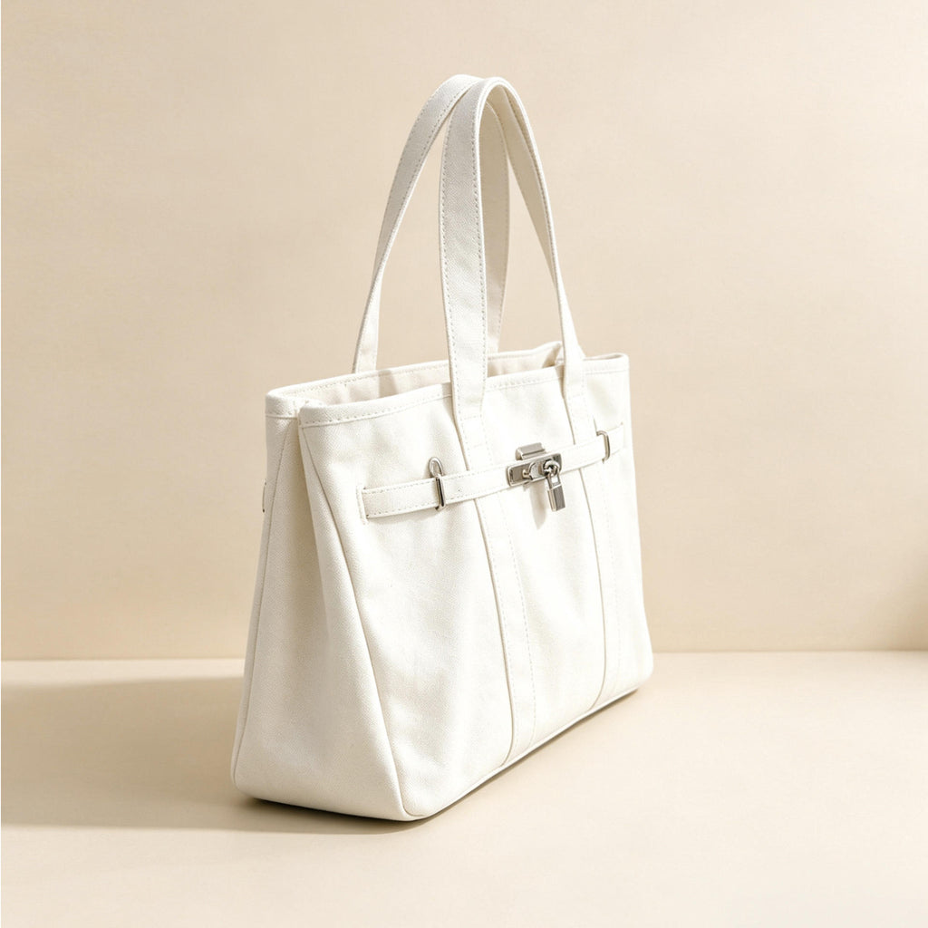 White Canvas Bag with Lock Detail