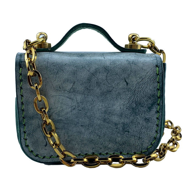 Mini Green Waxed Leather Cambridge Bag with Chain Strap