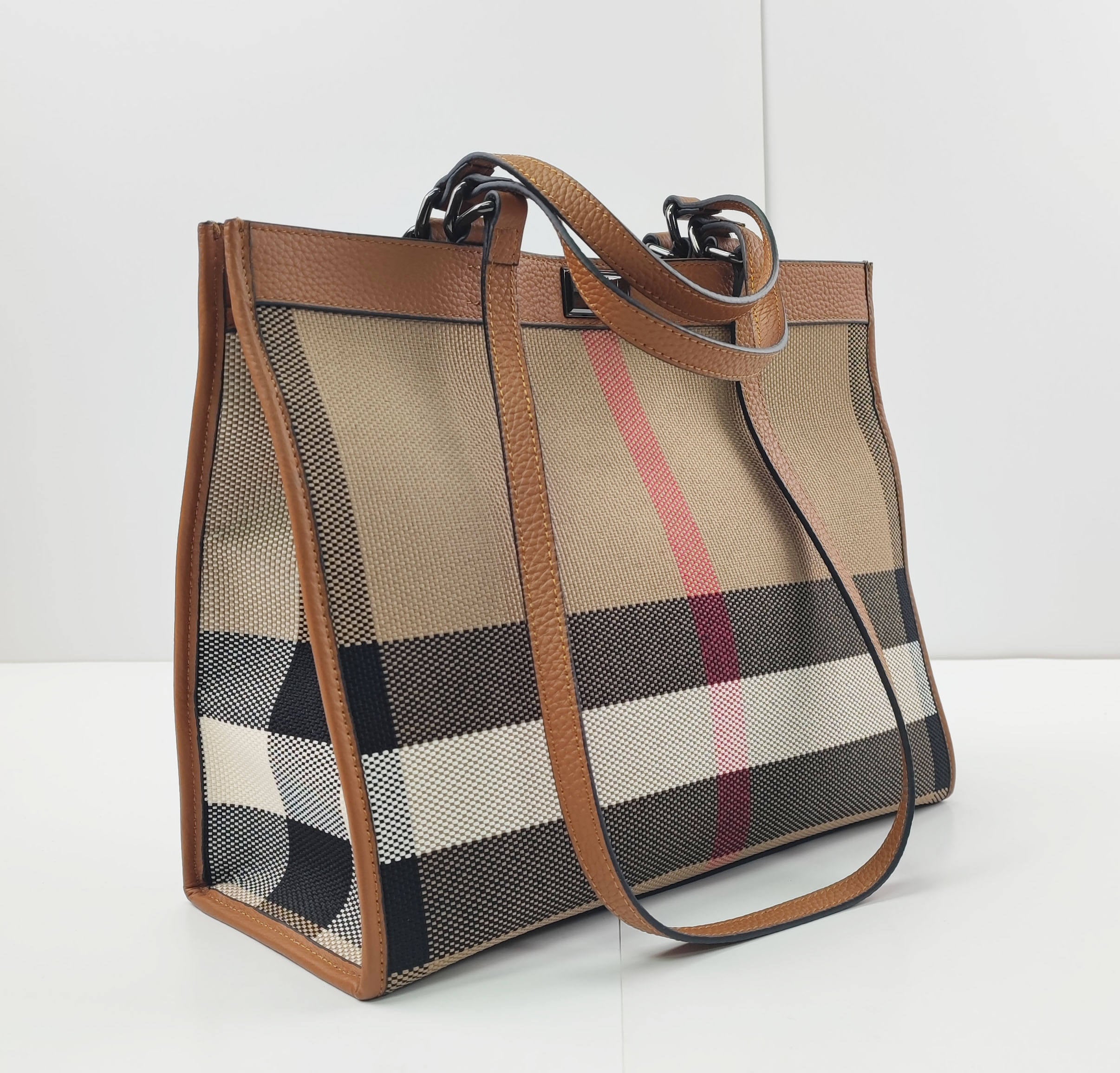 Classic Check Canvas Bag with Leather Trim