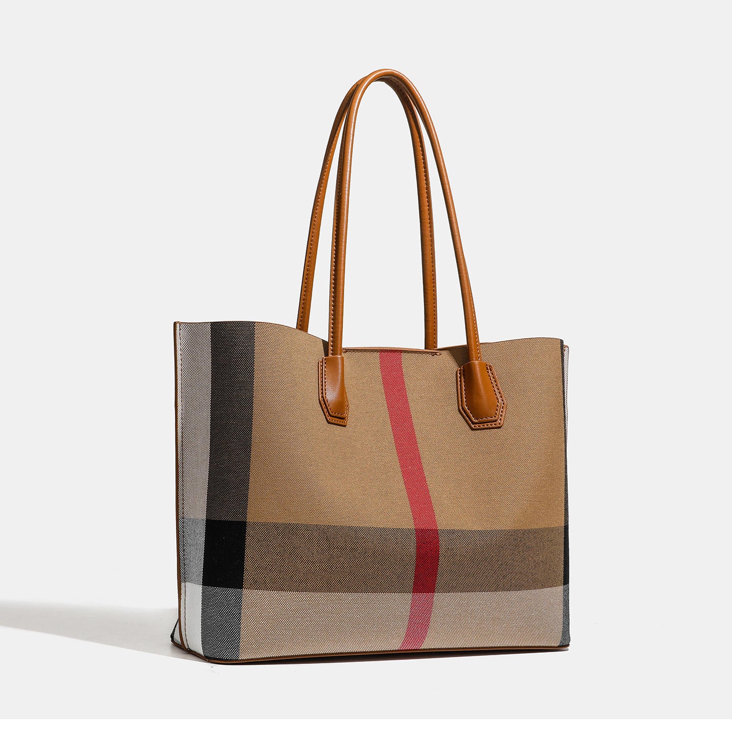 Plaid Canvas Tote Bag with Leather Trim