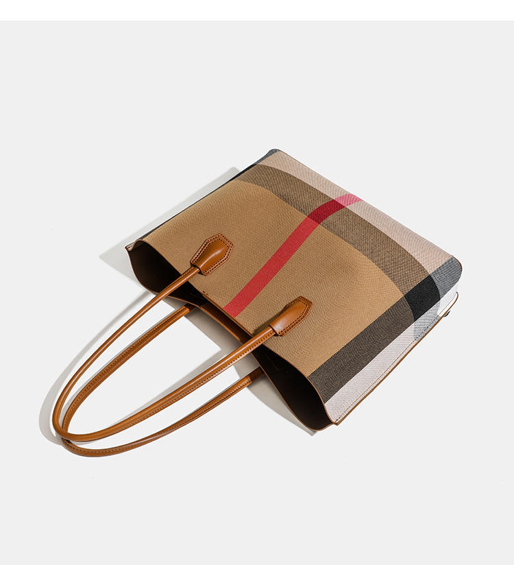 Plaid Canvas Tote Bag with Leather Trim