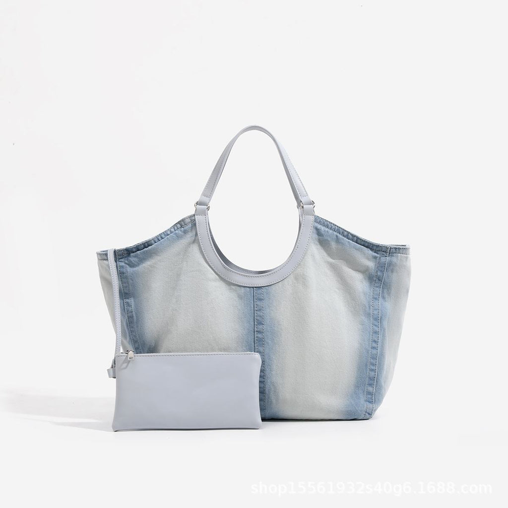 Wash Denim Canvas Tote Bag with Magnetic Closure