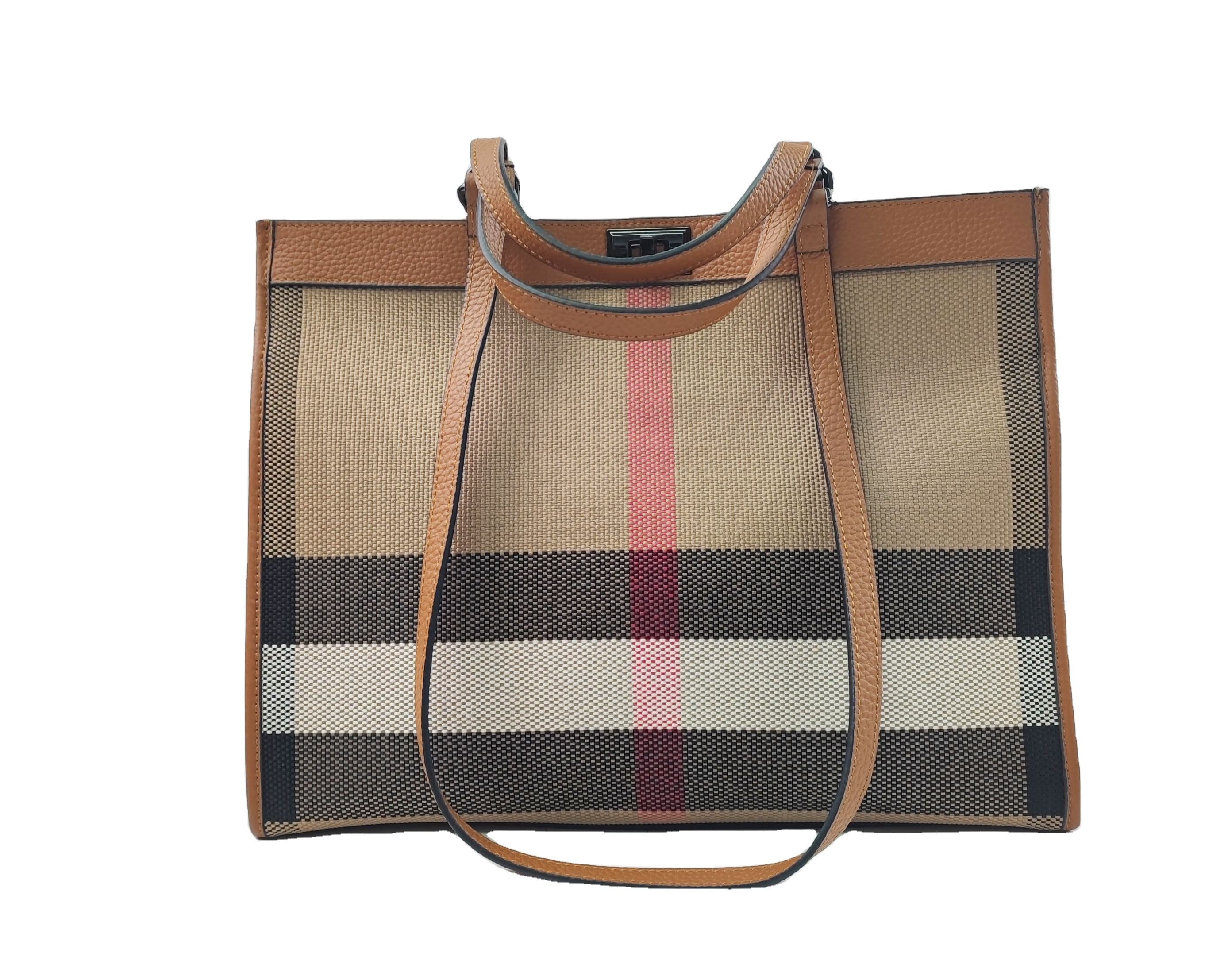 Classic Check Canvas Bag with Leather Trim