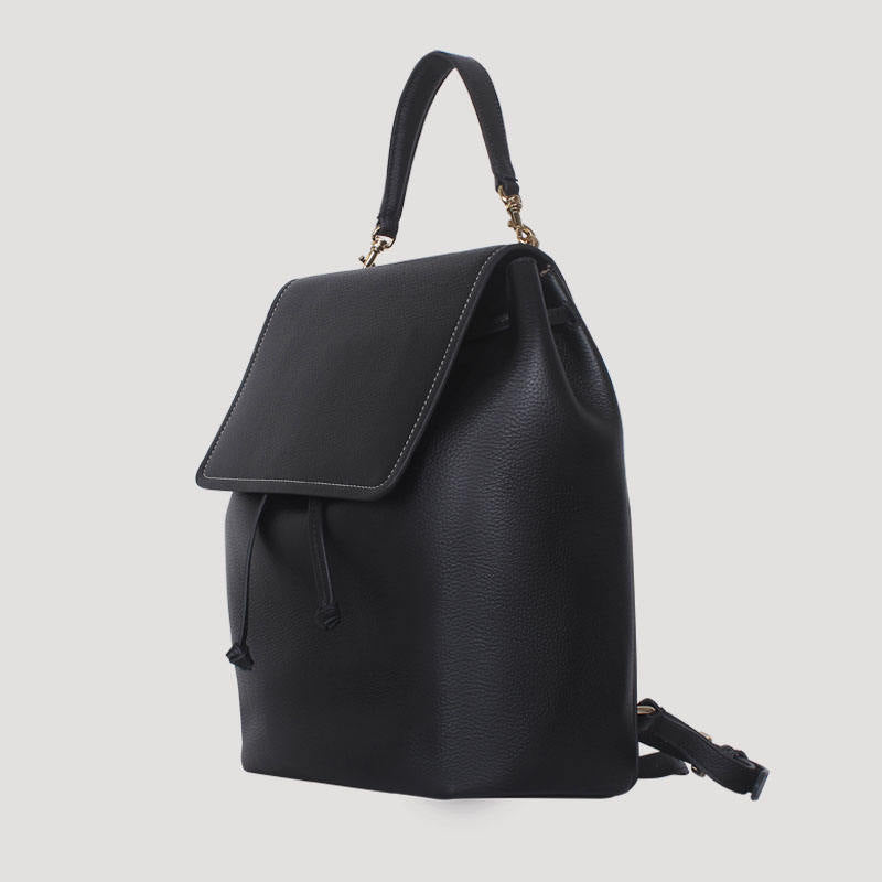 Minimalist Black Drawstring Leather Backpack