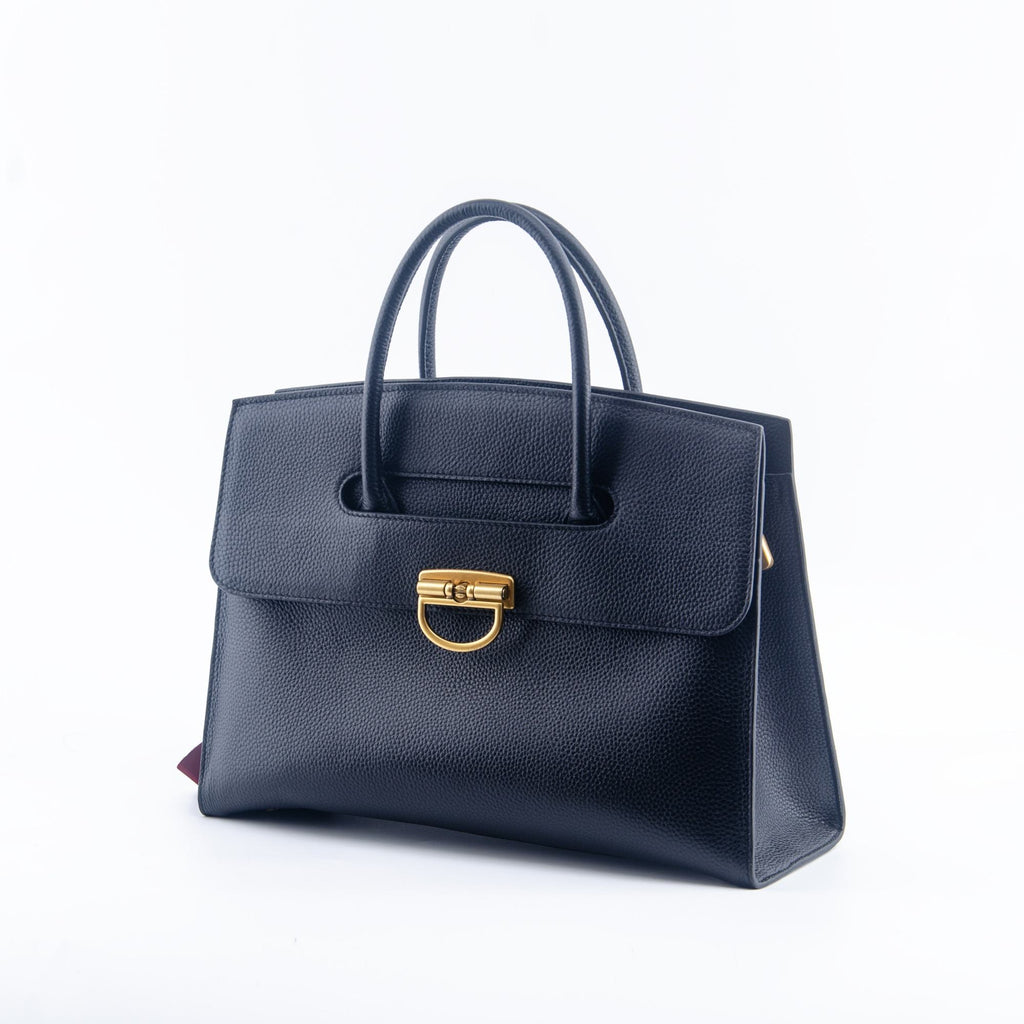 Black Textured Leather Handbag with Gold Lock Detail