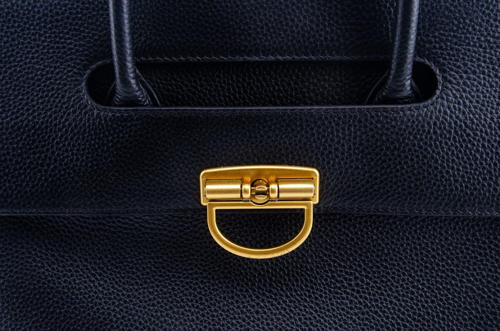 Black Textured Leather Handbag with Gold Lock Detail