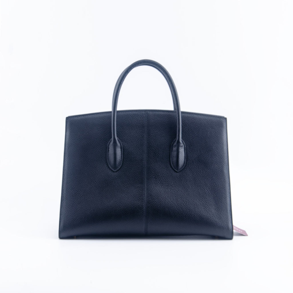 Black Textured Leather Handbag with Gold Lock Detail