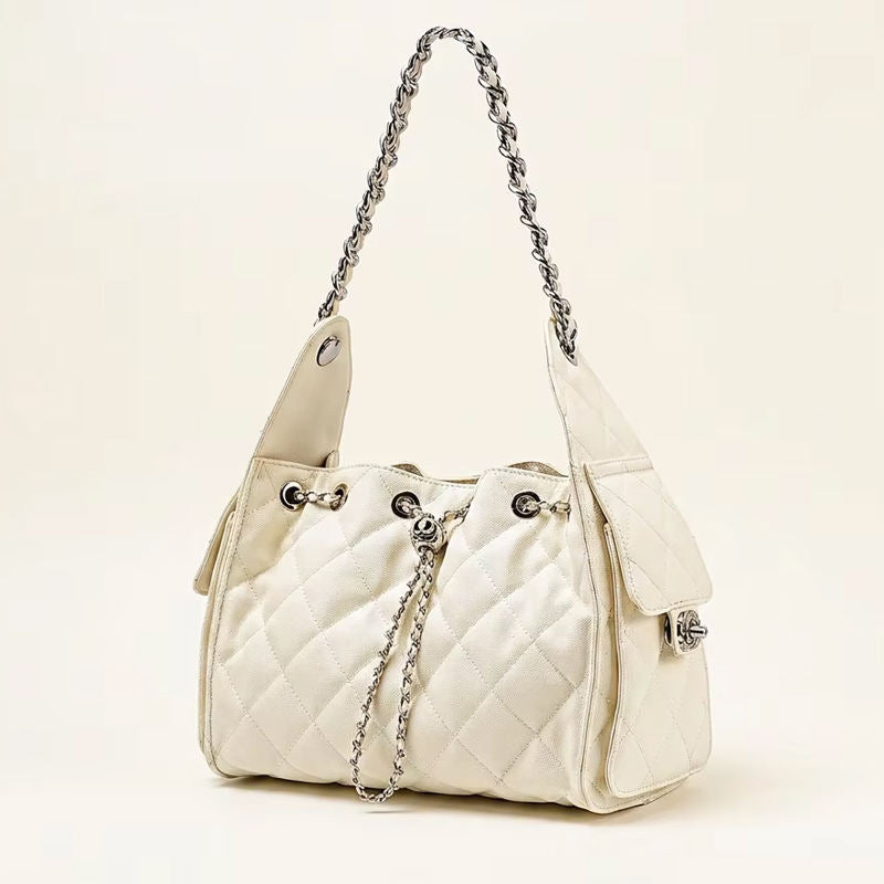 Quilted Leather Bucket Handbag with Chain Strap