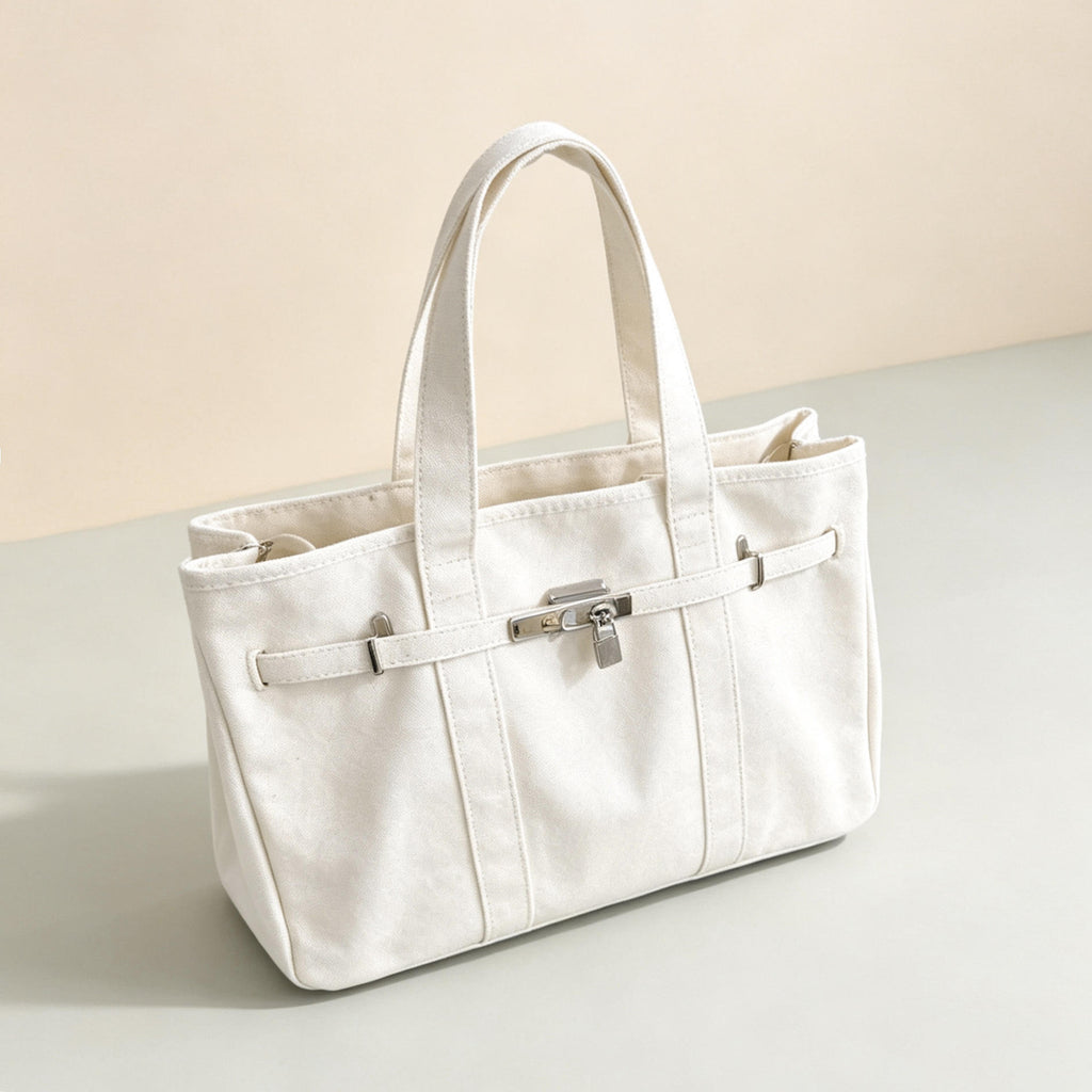 White Canvas Bag with Lock Detail