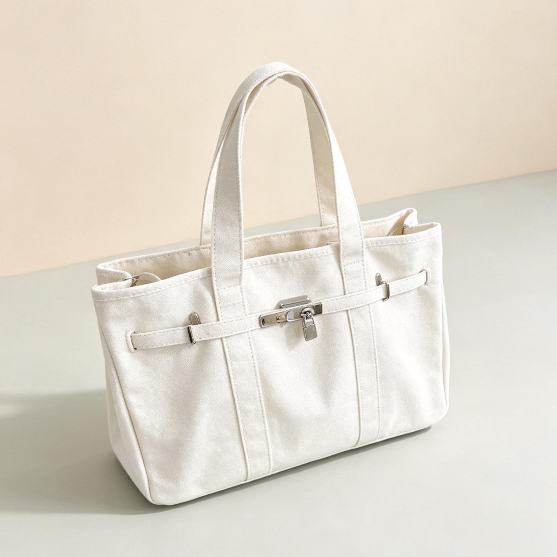 White Canvas Bag with Lock Detail