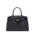 Black Belted Tote Handbag with Gold Buckle Detail