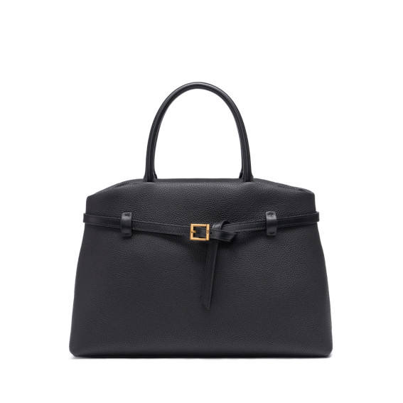 Black Belted Tote Handbag with Gold Buckle Detail