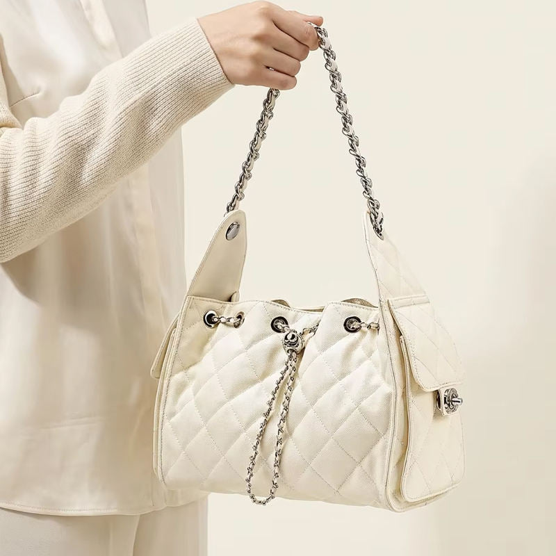Quilted Leather Bucket Handbag with Chain Strap