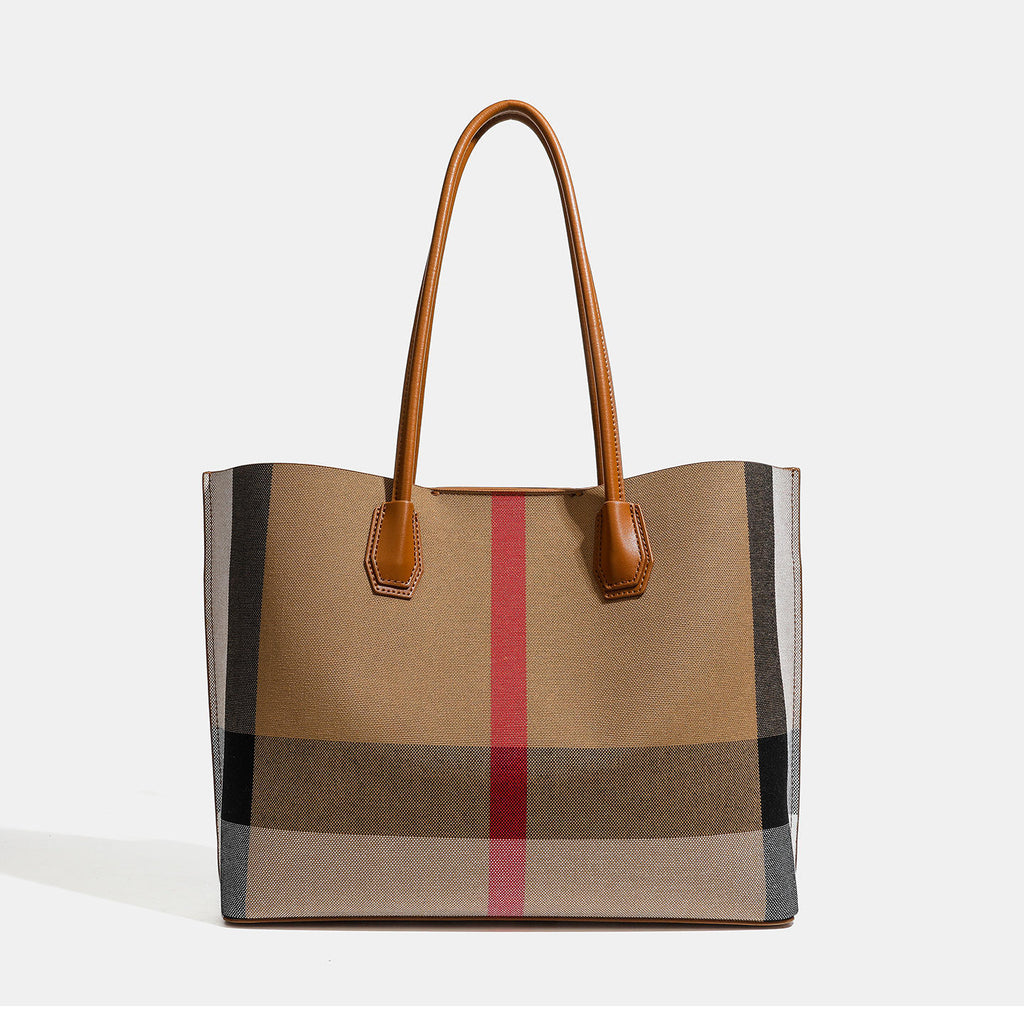 Plaid Canvas Tote Bag with Leather Trim