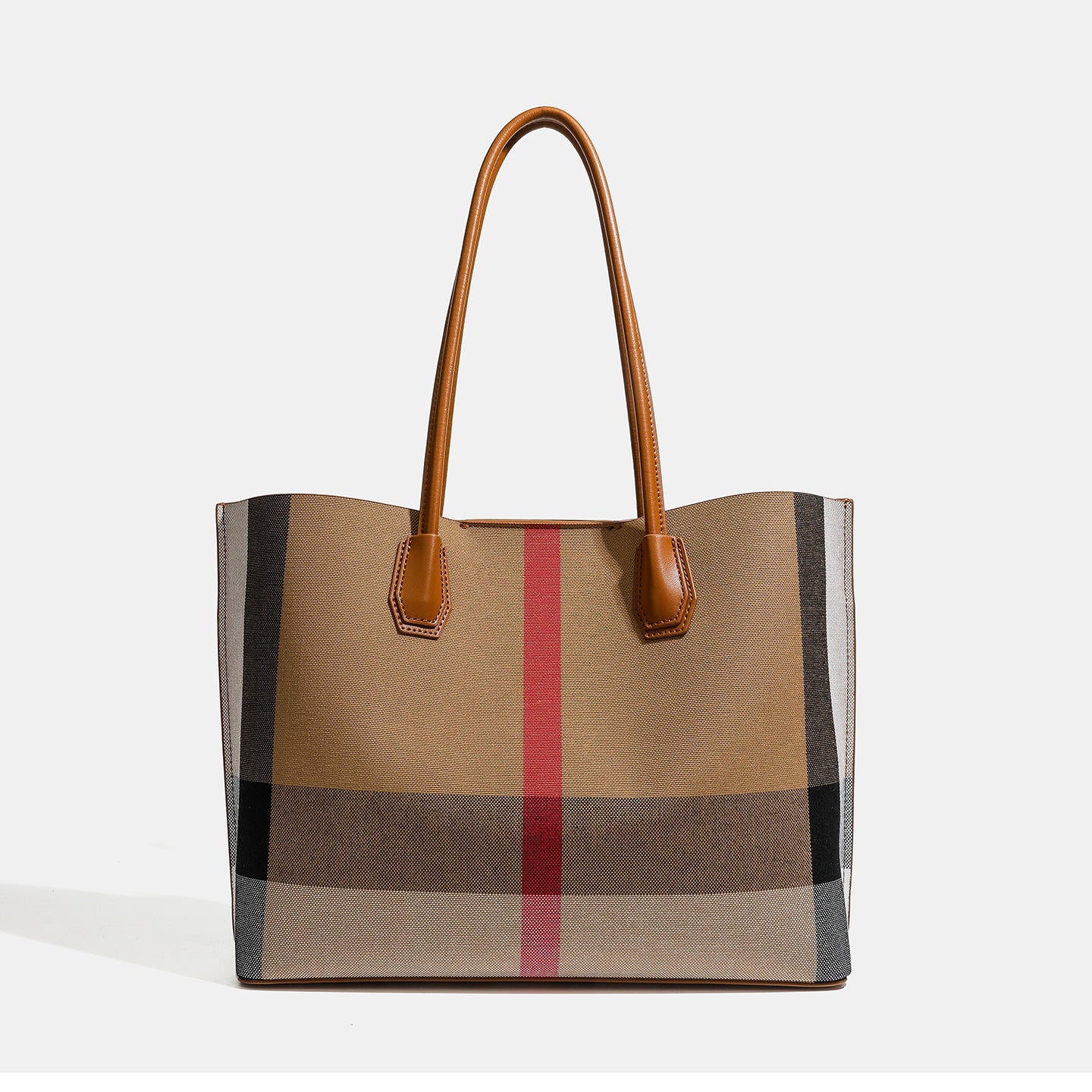 Plaid Canvas Tote Bag with Leather Trim