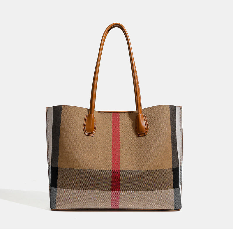 Plaid Canvas Tote Bag with Leather Trim