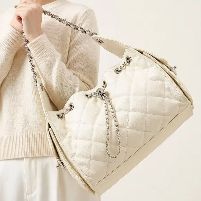 Quilted Leather Bucket Handbag with Chain Strap
