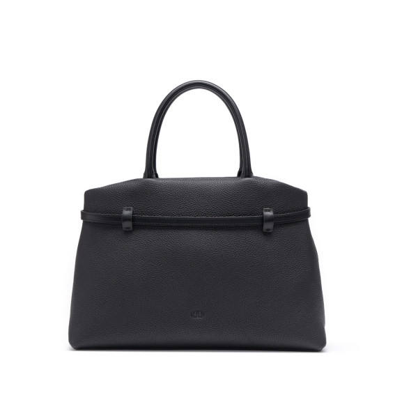 Black Belted Tote Handbag with Gold Buckle Detail