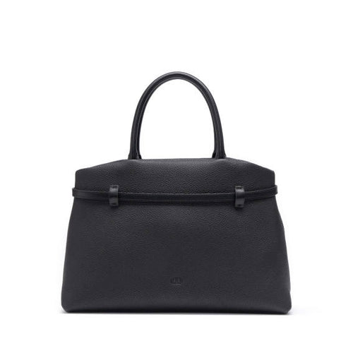 Black Belted Tote Handbag with Gold Buckle Detail