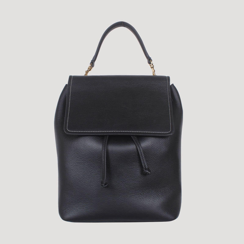 Minimalist Black Drawstring Leather Backpack