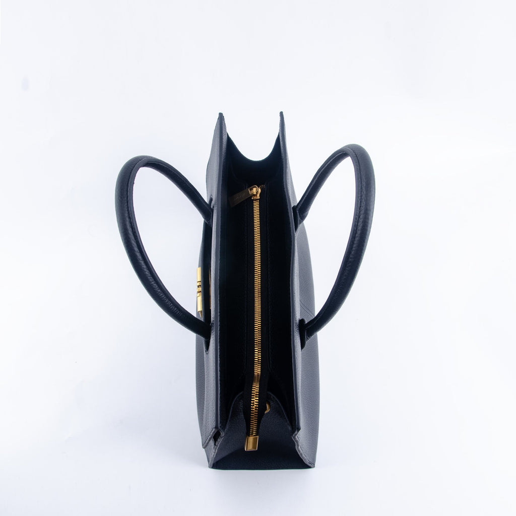 Black Textured Leather Handbag with Gold Lock Detail
