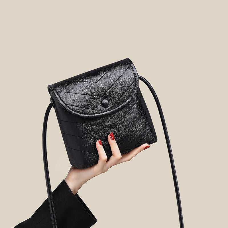 Black Quilted Leather Mini Bucket Crossbody Bag