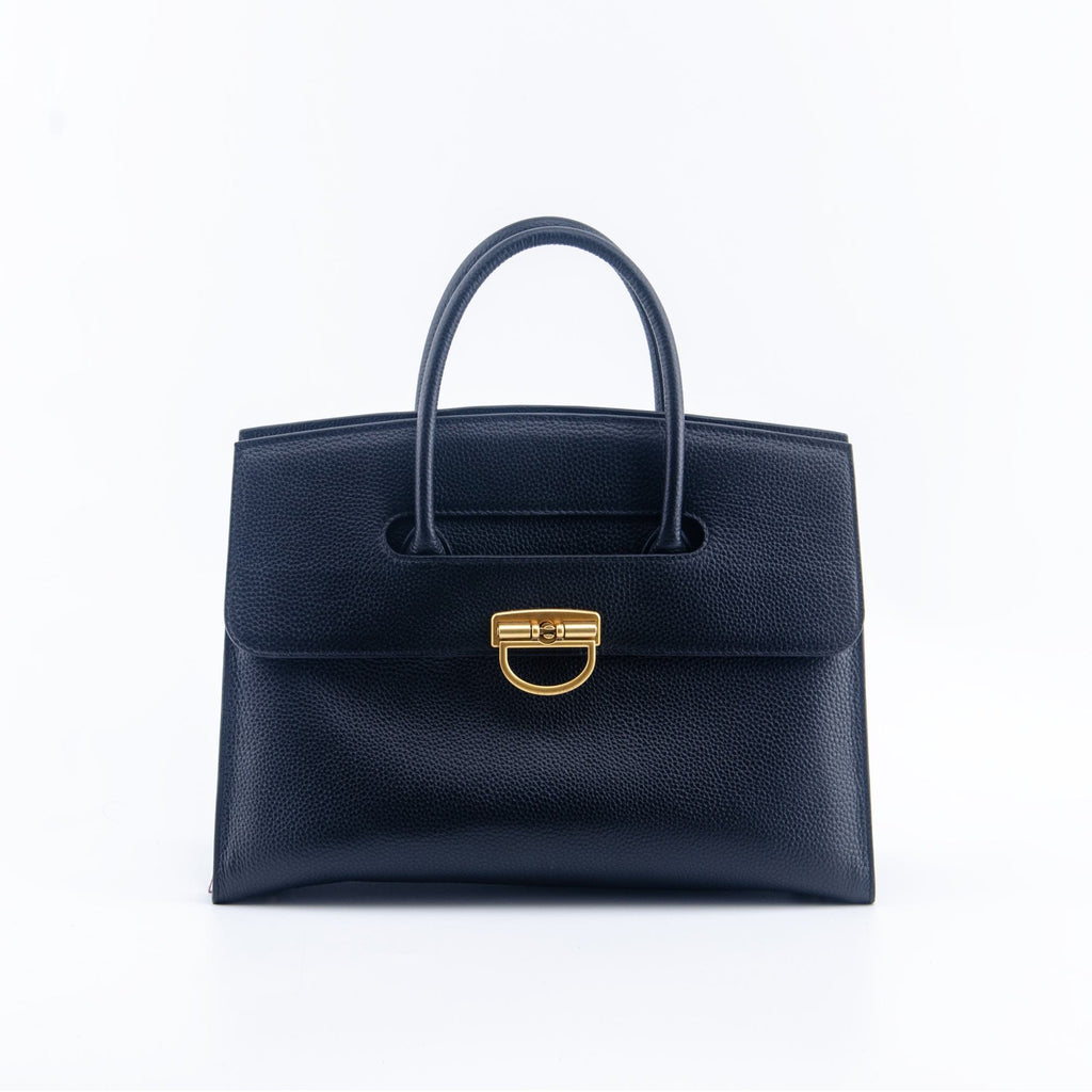 Black Textured Leather Handbag with Gold Lock Detail