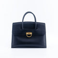 Black Textured Leather Handbag with Gold Lock Detail