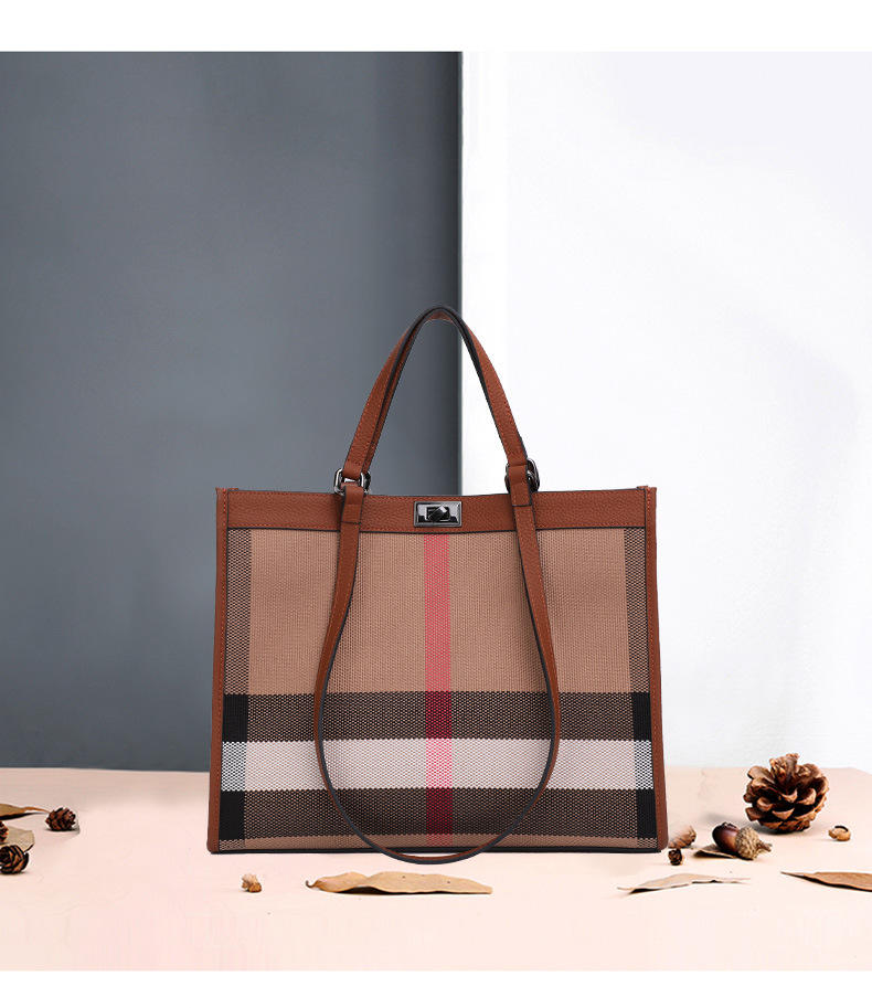 Classic Check Canvas Bag with Leather Trim
