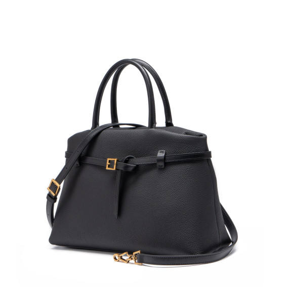Black Belted Tote Handbag with Gold Buckle Detail