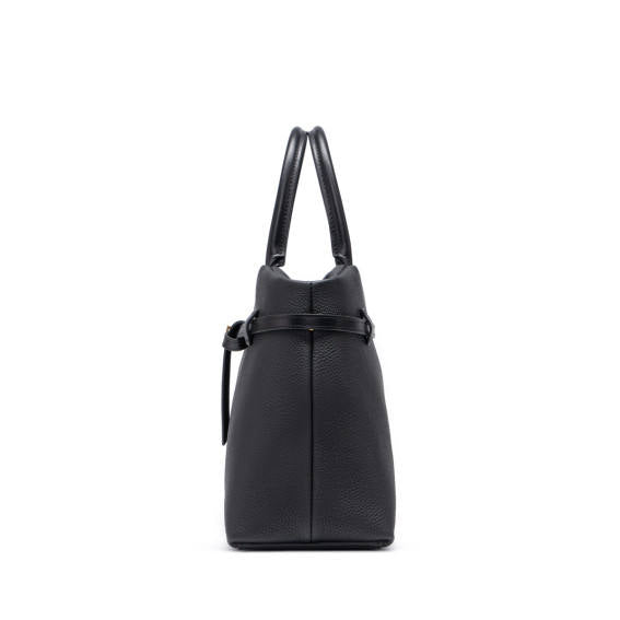 Black Belted Tote Handbag with Gold Buckle Detail